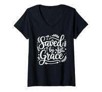 Mujer Salvados por la Gracia Fe Cristiana Escritura Religiosa Camiseta Cuello V