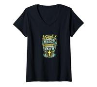 Mujer Salvados por la Misericordia, creciendo a través de la fe, diseño Cristiano Camiseta Cuello V