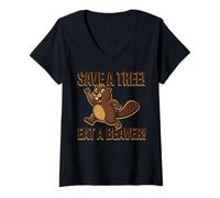 Mujer Salvar un árbol Come un Castor Divertido Amante de los Animales Camiseta Cuello V