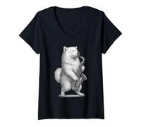 Mujer Samoyedo Jugando Saxofón Jazz Música Amante de los Per Camiseta Cuello V