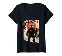Mujer Samurai Bigfoot Japanese UFO Alien Vintage Ukiyo-e Art Sword Camiseta Cuello V