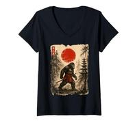 Mujer Samurai Bigfoot Japanese Vintage Sasquatch Ukiyo-e Funny Camiseta Cuello V