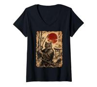 Mujer Samurai Cat Anime Japanese Art Funny Graphic Ukiyo-e Art Camiseta Cuello V