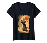 Mujer Samurai Cat Anime Japanese Art Funny Graphic Ukiyo-e Art Camiseta Cuello V
