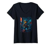 Mujer Samurai Cat Cyberpunk Paisaje Urbano Callejón Arte Camiseta Cuello V