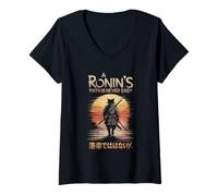 Mujer Samurai Cat Ronin Camino Guerrero Puesta de sol Viaje Estilo Japonés Camiseta Cuello V