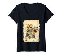 Mujer Samurai Cat Shirt - Retro Ninja Japanese Cat Shark Kanagawa Camiseta Cuello V