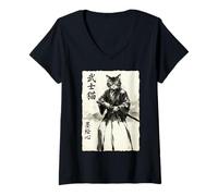 Mujer Samurai Cat Warrior Japanese Art Feline Katana Camiseta Cuello V
