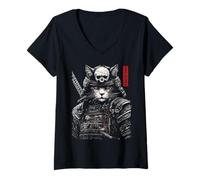 Mujer Samurai Cat Warrior Ukiyo Ink Artwork Soldado Gato Samurai Camiseta Cuello V