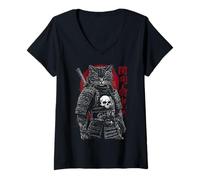 Mujer Samurai Cat Warrior Ukiyo Ink Artwork Soldado Gato Samurai Camiseta Cuello V