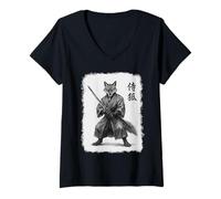 Mujer Samurai Fox Vintage Ukiyo-e Warrior Obra de arte gráfica Fox Art Camiseta Cuello V