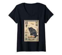 Mujer Samurai Gato Negro Comiendo Ramen Escena de Guerra Arte Edo Hombres Mujeres Camiseta Cuello V