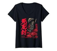 Mujer Samurai Guerrero Rojo Araña Lirio Flor Anime Otaku Japonés Camiseta Cuello V