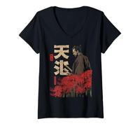 Mujer Samurai Guerrero Rojo Araña Lirio Flor Anime Otaku Japonés Camiseta Cuello V