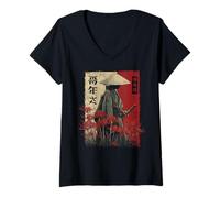 Mujer Samurai Guerrero Rojo Araña Lirio Flor Anime Otaku Japonés Camiseta Cuello V
