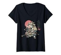 Mujer Samurai Jabalí Guerrero Japonés Ukiyo-e Estilo Atardecer Camiseta Cuello V