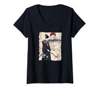 Mujer Samurai Mujer con Katana Sakura Monte Fuji Naciente Sol Camiseta Cuello V