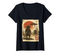 Mujer Samurai Ninja Cat Warrior Sumi-e UFO Ukiyo-e Sci Fi Japanese Camiseta Cuello V