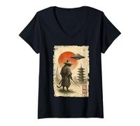 Mujer Samurai Ninja Cat Warrior Sumi-e UFO Ukiyo-e Sci Fi Japanese Camiseta Cuello V