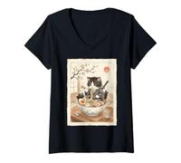 Mujer Samurai Ninja Cute Cat Ramen Bowl Japonés Acuarela Japón Camiseta Cuello V