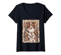 Mujer Samurai Pastor Australiano Perro Japonés Vintage Art Gift Camiseta Cuello V