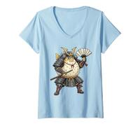Mujer Samurai Pufferfish Japonés Kawaii Blowfish Guerrero Anime Camiseta Cuello V