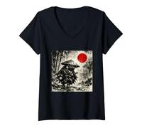 Mujer Samurai Pug Dog Japanese Wash Painting - Sumi-e Art Camiseta Cuello V