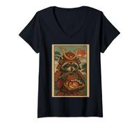 Mujer Samurai Raccoon Sushi japonés para niños, niñas, hombres y mujeres Camiseta Cuello V