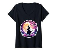 Mujer Samurai Silueta Luz De La Luna Cerezo Flores Japonés Ninja Camiseta Cuello V