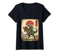Mujer Samurai T-Rex Dinosaurio Katana Japonés Sun Art Dino Japón Camiseta Cuello V