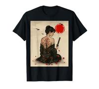 Mujer Samurai Tatuada sosteniendo Katana con Flores de Cerezo Camiseta