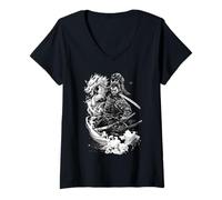 Mujer Samurai Warrior Japonés Anime Dragon Ink Art Camiseta Cuello V