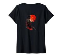 Mujer Samurai Warrior Red Moon Japonés Tinta Estilo Arte Camiseta Cuello V