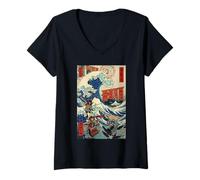 Mujer Samurai Warriors Gran Ola Japonés Ukiyo-e Katana Bushido Camiseta Cuello V