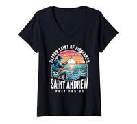 Mujer San Andrés Patrón de Caña de Pescar Pescadores Católicos Camiseta Cuello V
