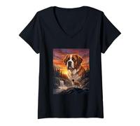 Mujer San Bernardo Perro Amante Vintage Atardecer Bosque Naturaleza Arte Camiseta Cuello V