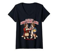 Mujer San Bernardo Perro Enamorado café Amor Queso Bandera Suiza Camiseta Cuello V