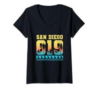 Mujer San Diego 619 Palmeras Tropicales California Retro Surfing Camiseta Cuello V