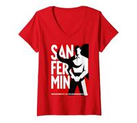 Mujer San Fermin Red Scarf Pamplona Bull Run Spain Festival Camiseta Cuello V