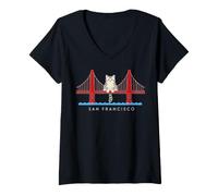 Mujer San Franciscos Cat Golden Gates Bridge Cat Reading Books Camiseta Cuello V