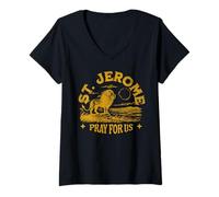 Mujer San Jerónimo y el León Católico Santa Espina en Paw Bible Camiseta Cuello V