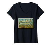 Mujer San José California 50s Vintage Travel Poster Art Graphic Camiseta Cuello V