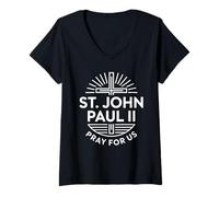 Mujer San Juan Pablo II Ruega por Nosotros Cruz Cristiana Católica Camiseta Cuello V