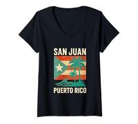 Mujer San Juan Puerto Rico Palmeras Playa Sobre Bandera Estilo Grunge Camiseta Cuello V