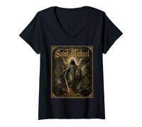 Mujer San Miguel Arcángel Defendernos Oración Icono Arte Fe Camiseta Cuello V