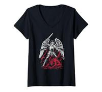 Mujer San Miguel Arcángel derrota a Satanás Católico Camiseta Cuello V