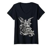 Mujer San Miguel Arcángel Derrotando a Satanás Cristiano Camiseta Cuello V