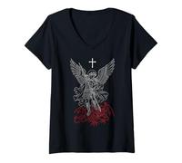 Mujer San Miguel Arcángel Derrotando a Satanás Cristiano Camiseta Cuello V