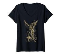 Mujer San Miguel Arcángel Derrotando a Satanás Cristiano Camiseta Cuello V