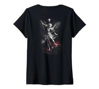 Mujer San Miguel Arcángel Derrotando a Satanás Cristiano Camiseta Cuello V